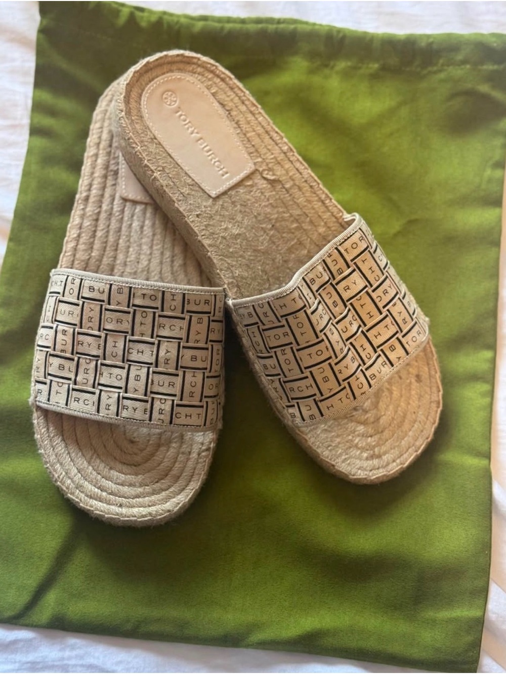 Tory Burch Beige Logo Weave Espadrille Slides